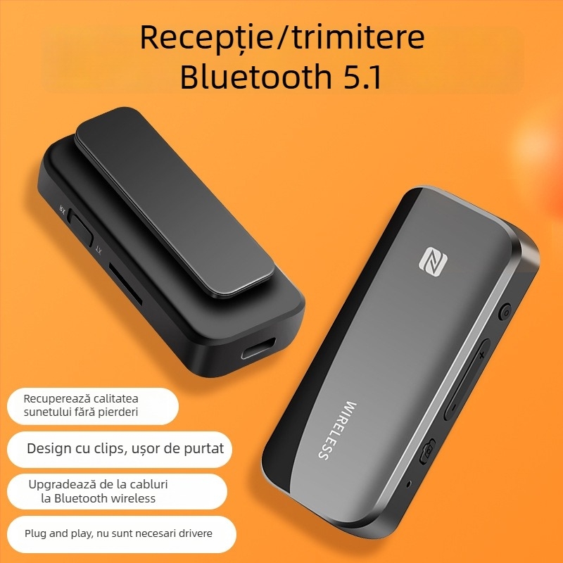 Bluetooth 5.1 cu două moduri: receptor/transmițător, NFC, adaptor AUX pentru mașină 2,5/3,5 mm, model T40, Plug & Play, rază de până la 10 m