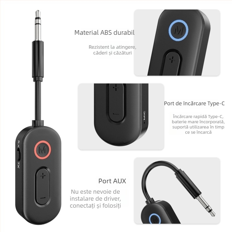 Bluetooth 6.0 receptor-transmitator, 2 în 1 pentru mașină, AUX 3,5 mm, Plug and Play, rază până la 10 m