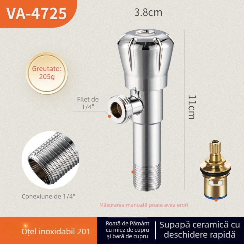 Valvă unghiulară, din oțel inoxidabil 201, montaj filetat, 1,4 MPa presiune de lucru, pentru sistem de duș