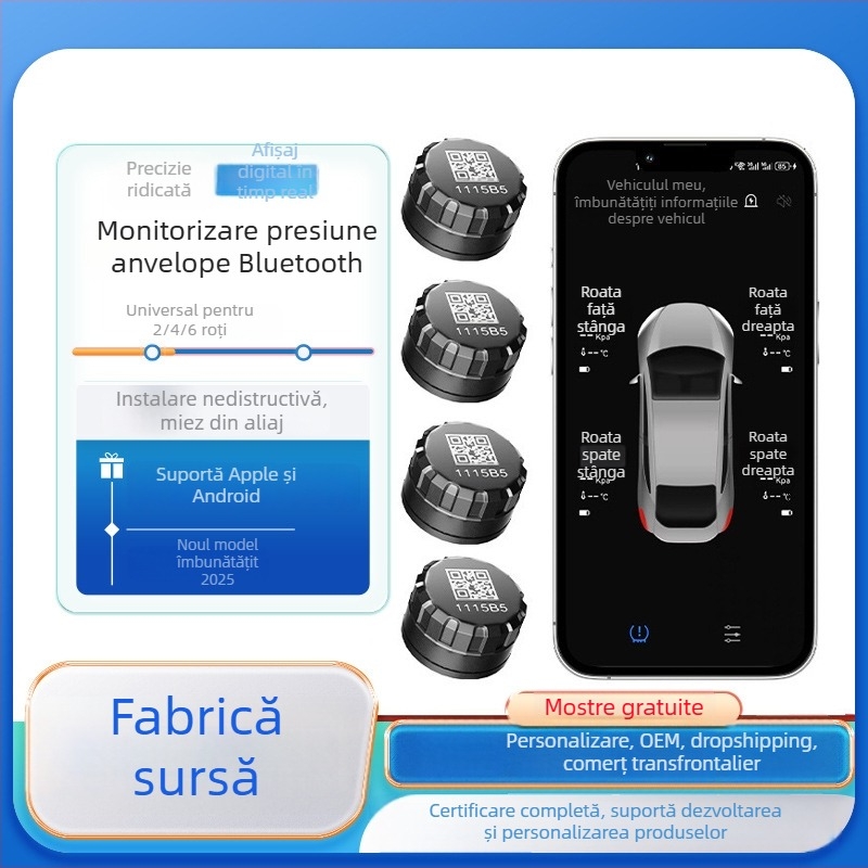 Monitor Bluetooth pentru presiunea pneurilor de motociclete și vehicule cu două până la patru roți, TPMS extern fără fir, compatibil cu smartphone-ul, personalizabil