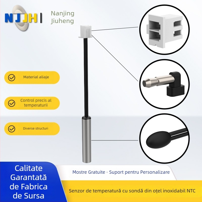 Senzor NTC de temperatură, instalare plug-in, 5K/10K/50K, pentru echipamente industriale, medicale și electrocasnice; interval -30°C la 300°C; materiale: oțel inoxidabil, aliaj de aluminiu, etanșare epoxidică