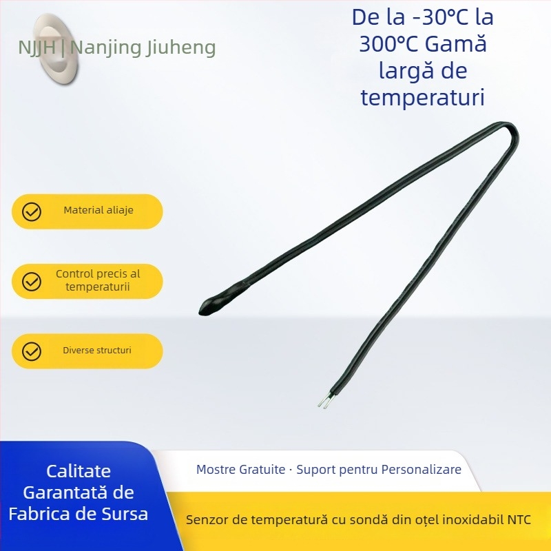 Senzor NTC de temperatură, instalare plug-in, 5K/10K/50K, pentru echipamente industriale, medicale și electrocasnice; interval -30°C la 300°C; materiale: oțel inoxidabil, aliaj de aluminiu, etanșare epoxidică