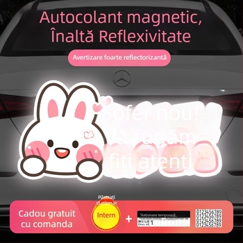 Autocolant auto cu iepuraș desen animat, montaj magnetic, material: autocolant, personalizare disponibilă
