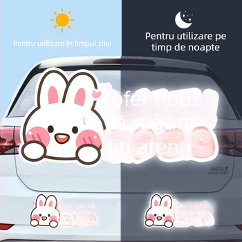 Autocolant auto cu iepuraș desen animat, montaj magnetic, material: autocolant, personalizare disponibilă