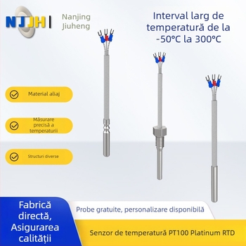 Senzor de temperatură Pt100 cu rezistență din platină, sondă cu montaj prin conector, interval -50°C până la 300°C, carcasă din oțel inoxidabil și aliaj de aluminiu, potrivit pentru echipamente industriale, echipamente medicale și aparatură electrocasnică