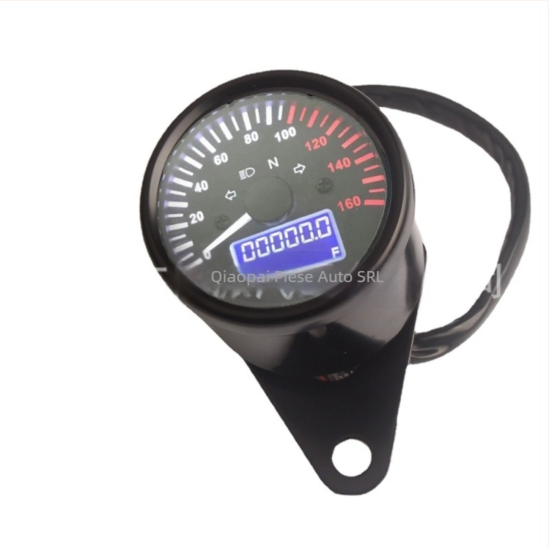 Panou de instrumente pentru motocicletă cu LCD: odometru, tachimetru, indicator nivel ulei; construcție metalică, greutate 500 g, pentru motociclete cu cilindree mare, modificare off-road.