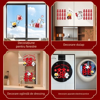 Autocolante statice de nuntă pentru ferestre, sticlă și oglinzi, cu motiv Dublu Noroc – PVC, montaj cu bandă adezivă, decor de nuntă