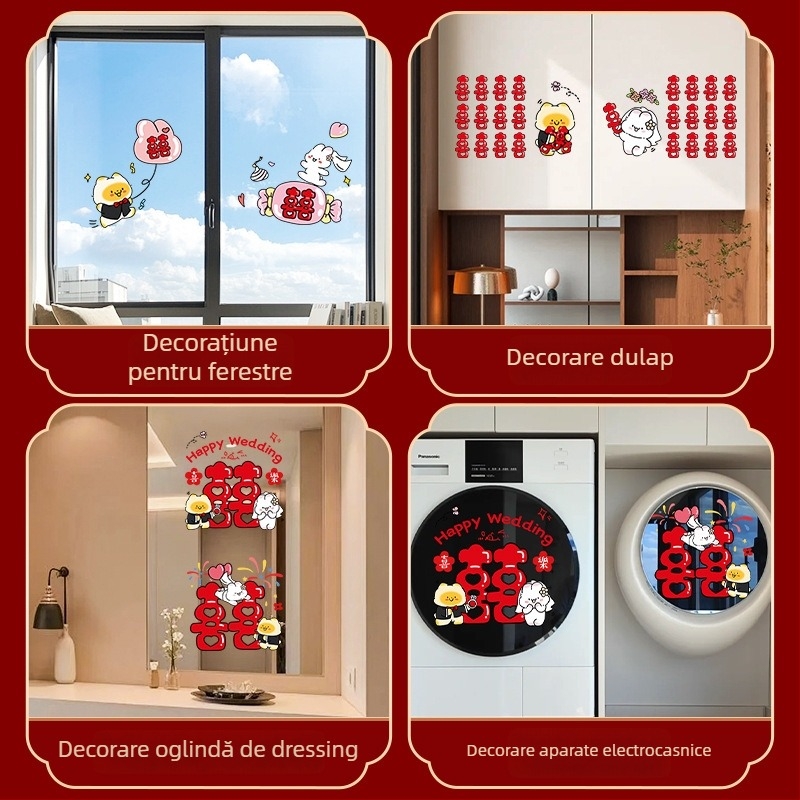 Autocolante statice de nuntă pentru ferestre, sticlă și oglinzi, cu motiv Dublu Noroc – PVC, montaj cu bandă adezivă, decor de nuntă
