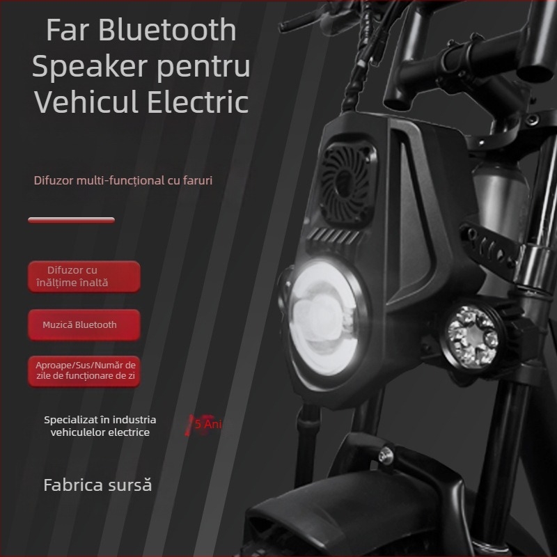 Juru Kd-01 far LED frontal pentru biciclete electrice și motociclete off-road – difuzor Bluetooth, corn, lumini de zi, fascicule joase și înalte; 36V/0.33A, 48V/0.25A, IPx4, ABS+PC+aliaj de aluminiu