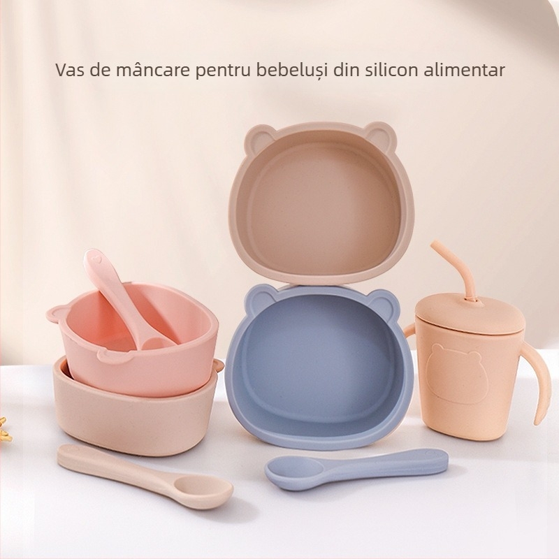Set din silicon pentru hrănire bebeluți: bib din silicon, bol și lingură; impermeabil, rezistent la murdărie și la căderi; de la 6 luni în sus.
