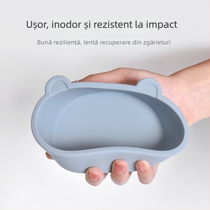 Set din silicon pentru hrănire bebeluți: bib din silicon, bol și lingură; impermeabil, rezistent la murdărie și la căderi; de la 6 luni în sus.