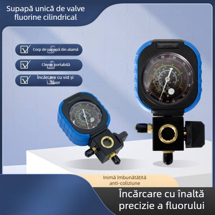 Valvă monometru fluorurată cu manometru vid, măsurător lichid/refrigerant și manometru pentru AC auto anti-coliziune (Model: Valvă monometru fluorurată; Tip: manometru vid; Diametru nominal: consultați; Lot: 251017)