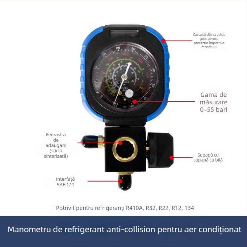 Valvă monometru fluorurată cu manometru vid, măsurător lichid/refrigerant și manometru pentru AC auto anti-coliziune (Model: Valvă monometru fluorurată; Tip: manometru vid; Diametru nominal: consultați; Lot: 251017)