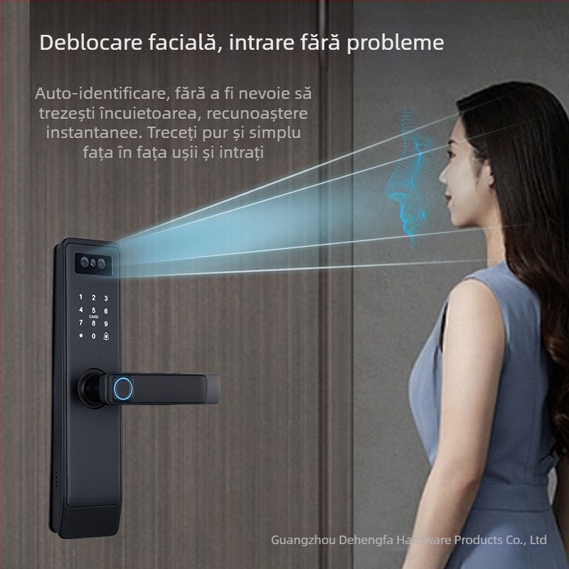 Încuietoare inteligentă pentru uși din lemn cu recunoaștere facială 3D și interfon video, Model P15, 100 amprente stocate, >100000 deblocări, timp de scanare 0,15 s, FA 0,1%, FR 0,1%