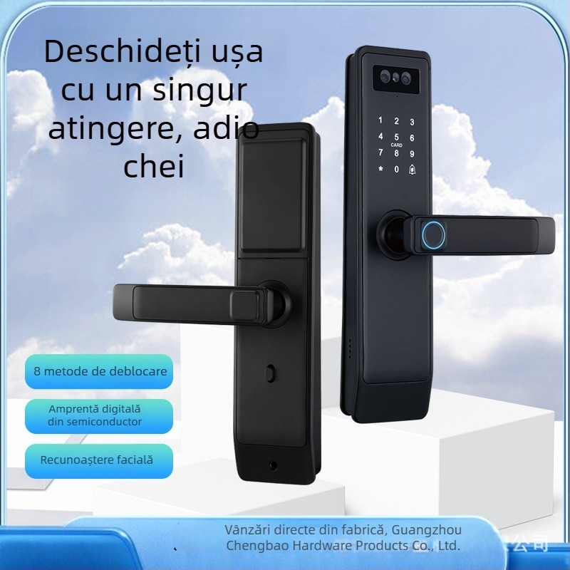 Încuietoare inteligentă pentru uși din lemn cu recunoaștere facială 3D și interfon video, Model P15, 100 amprente stocate, >100000 deblocări, timp de scanare 0,15 s, FA 0,1%, FR 0,1%