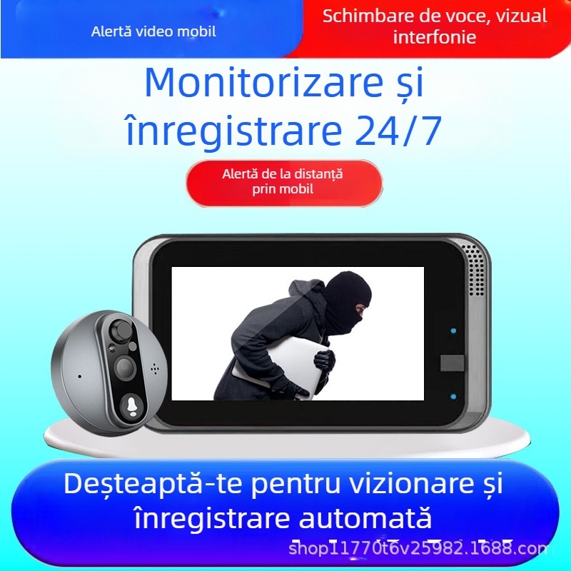 Sonerie video cu cameră wireless tip cat-eye — model Q17, alimentare prin încărcare, 5V, pentru locuințe și apartamente (Model: Q17 · Alimentare: Încărcare · Tensiune: 5V · Aplicare: Locuințe, Apartamente · Tip: Sonerie video pentru ușă)