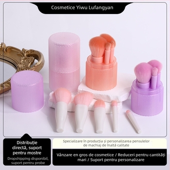 Set de 5 pensule pentru machiaj: blush, contur și detalii pentru ochi, cu mâner diamantat — ideal pentru călătorii