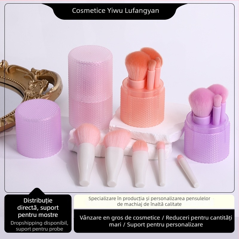 Set de 5 pensule pentru machiaj: blush, contur și detalii pentru ochi, cu mâner diamantat — ideal pentru călătorii