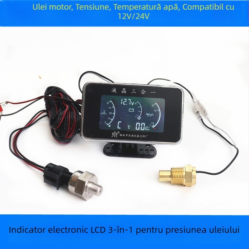 Indicator LCD universal 12–24V 3 în 1: presiune a uleiului, tensiune și temperatura apei pentru mașini și camioane