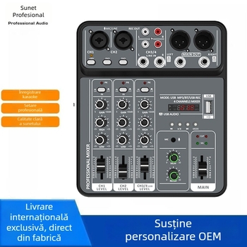 Phonomones mixer USB cu 4 canale pentru înregistrare și streaming live — compact pentru karaoke acasă, întâlniri și scenă; greutate 0,55 kg; alimentare 5V; include cablu USB-C și manual