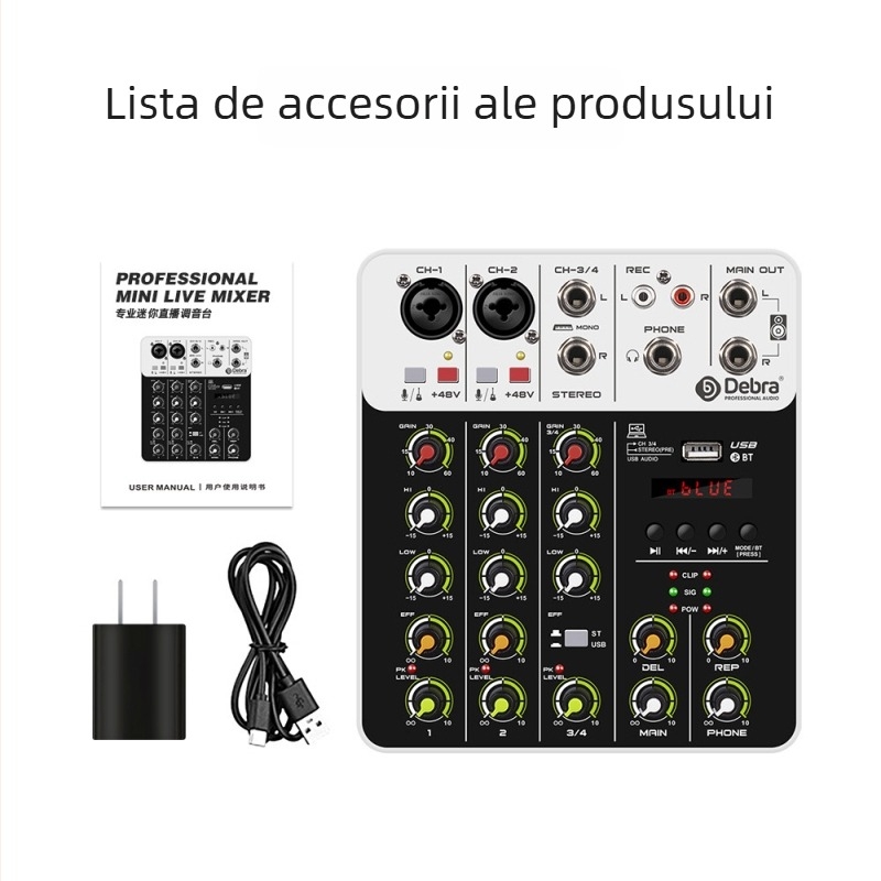 DEBRA mixer mini cu 4 canale, reverb, Bluetooth, interfață audio pentru telefoane și calculatoare, pentru cântat și streaming live, Greutate 0,7 kg