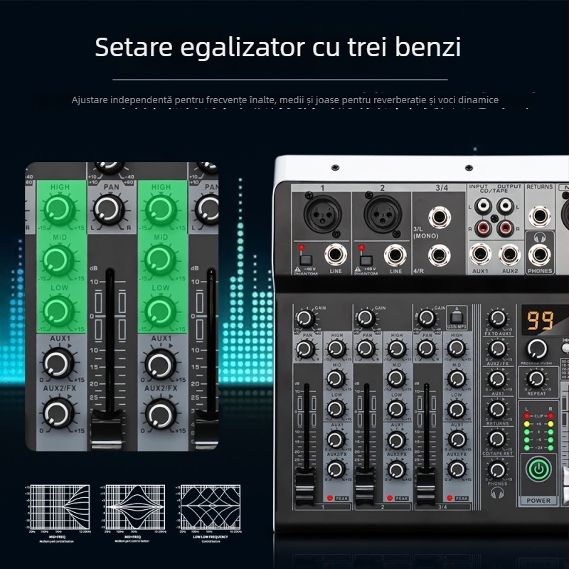 ZXI mixer cu 4 canale Bluetooth USB mini, cu card de sunet încorporat, pentru scenă și transmisie în direct