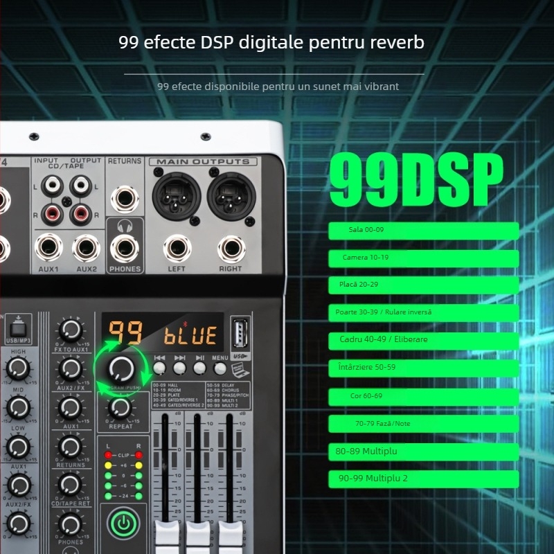 ZXI mixer cu 4 canale Bluetooth USB mini, cu card de sunet încorporat, pentru scenă și transmisie în direct