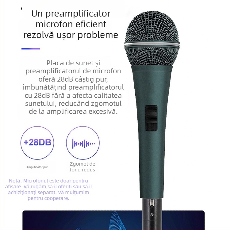 Preamplificator portabil pentru microfon dinamic (alimentare 48V, placă de sunet încorporată și reducere a zgomotului)