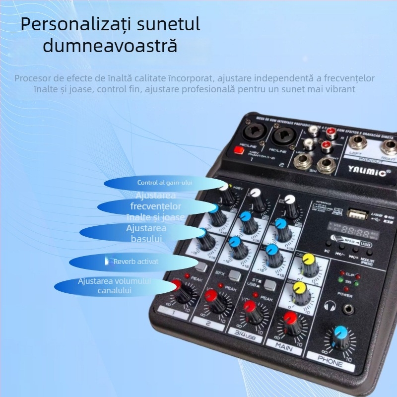 Yalimic Mixer audio USB Bluetooth cu 4 canale pentru înregistrare pe calculator și streaming live