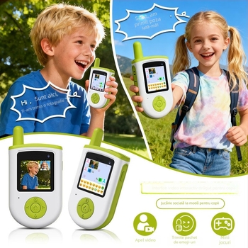 Interfon video pentru copii, până la 1,5 km rază, putere RF 0,5W, ecran IPS de 2,0 inch, anti-derapant, fără baterii