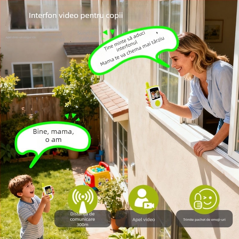 Interfon video pentru copii, până la 1,5 km rază, putere RF 0,5W, ecran IPS de 2,0 inch, anti-derapant, fără baterii