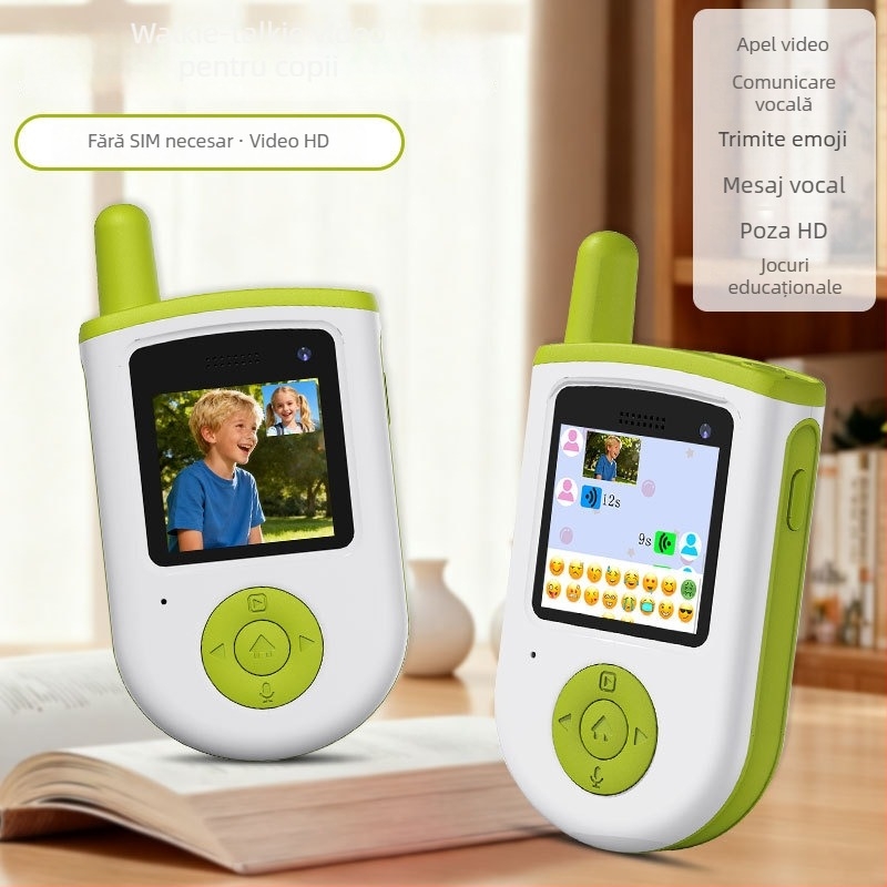 Interfon video pentru copii, până la 1,5 km rază, putere RF 0,5W, ecran IPS de 2,0 inch, anti-derapant, fără baterii