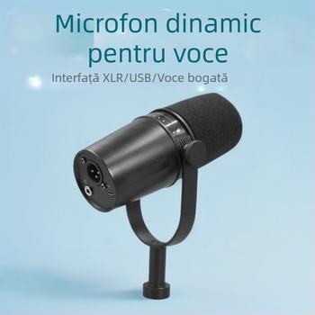 Microfon dinamic pentru streaming, cu interfață audio încorporată; captură supercardioidă; răspuns în frecvență 40Hz-20kHz