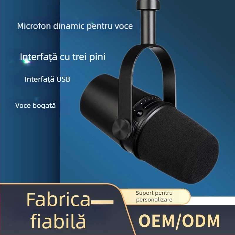 Microfon dinamic pentru streaming, cu interfață audio încorporată; captură supercardioidă; răspuns în frecvență 40Hz-20kHz