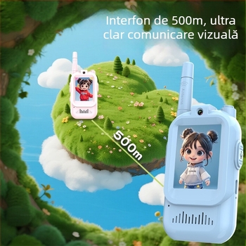 Radio intercom video pentru copii cu ecran, 2,4 GHz, rază până la 1,5 km, baterie litiu 650 mAh, 1 canal, anti-interferențe