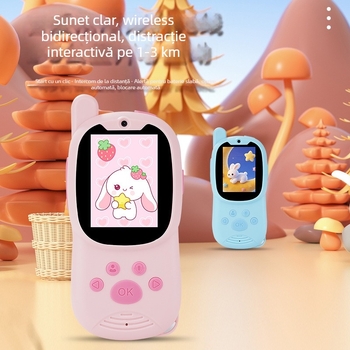 Radio intercom video pentru copii cu ecran, 2,4 GHz, rază până la 1,5 km, baterie litiu 650 mAh, 1 canal, anti-interferențe