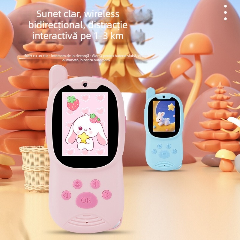 Radio intercom video pentru copii cu ecran, 2,4 GHz, rază până la 1,5 km, baterie litiu 650 mAh, 1 canal, anti-interferențe