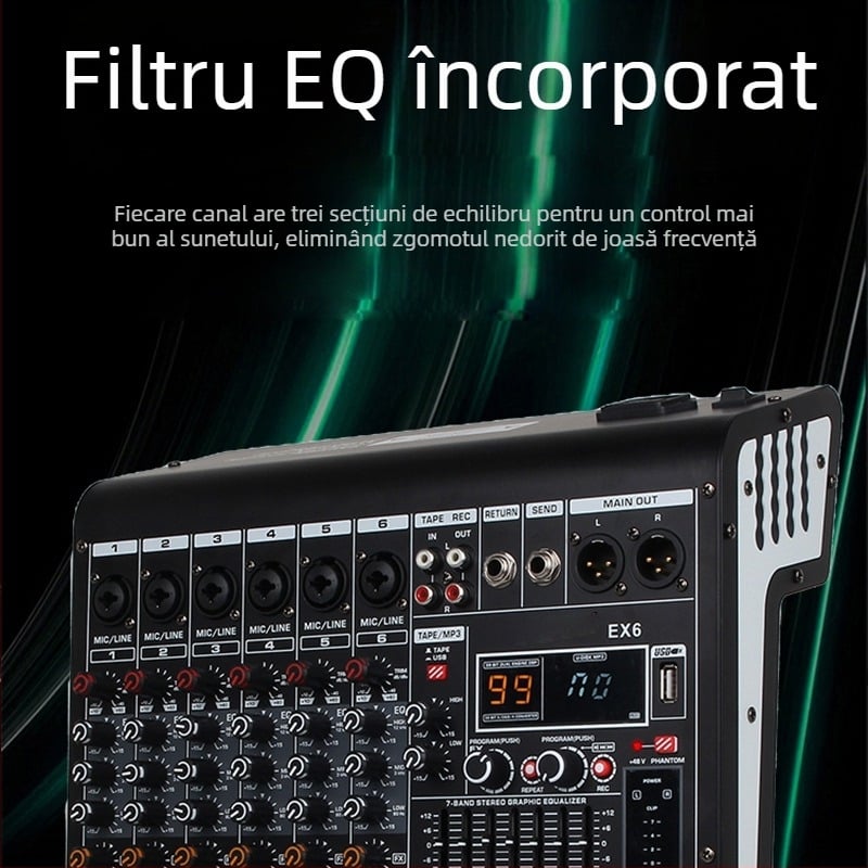 Mixer profesional cu 8 canale, reverb, egalizator, USB și Bluetooth, pentru scenă și KTV, 7 benzi EQ