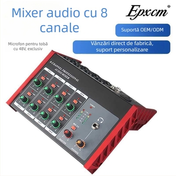 Mixer audio cu 8 canale, alimentare încorporată de 48V, pentru chitară, tobe și instrumente, monitorizare cu căști și înregistrare pe computer