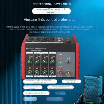 Mixer audio cu 8 canale, alimentare încorporată de 48V, pentru chitară, tobe și instrumente, monitorizare cu căști și înregistrare pe computer