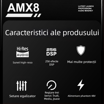 Mixer de 8 canale cu reverb și egalizator, USB și Bluetooth, afișaj cu 7 segmente