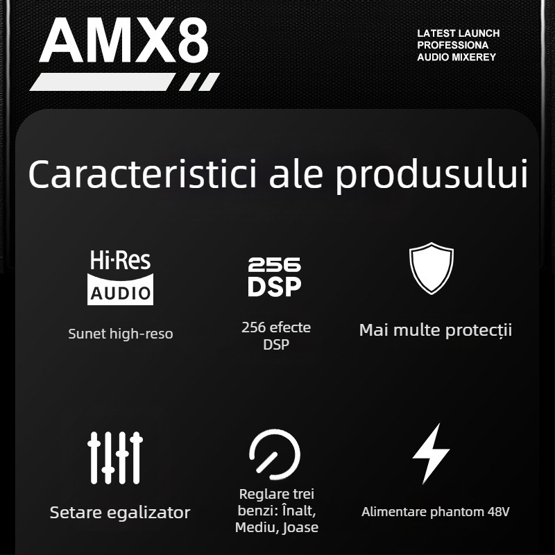 Mixer de 8 canale cu reverb și egalizator, USB și Bluetooth, afișaj cu 7 segmente