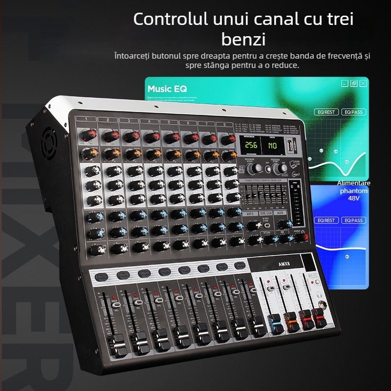 Mixer de 8 canale cu reverb și egalizator, USB și Bluetooth, afișaj cu 7 segmente
