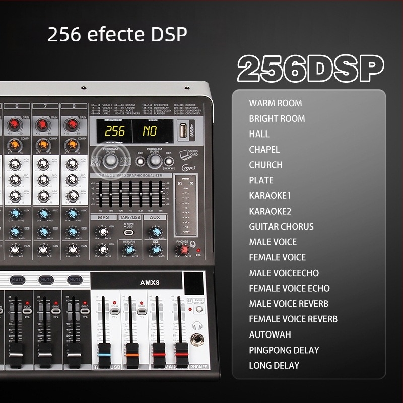 Mixer de 8 canale cu reverb și egalizator, USB și Bluetooth, afișaj cu 7 segmente