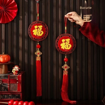 Pandantiv din felt cu caracter Fu și ornament de Anul Chinezesc, handmade