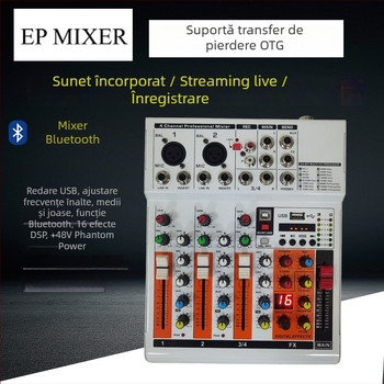 EP MIXER mixer audio cu 4 canale pentru streaming live, Bluetooth, înregistrare și efect de reverberație, compatibil cu telefonul mobil și PC-ul