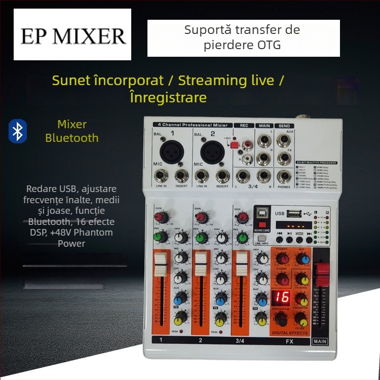 EP MIXER mixer audio cu 4 canale pentru streaming live, Bluetooth, înregistrare și efect de reverberație, compatibil cu telefonul mobil și PC-ul