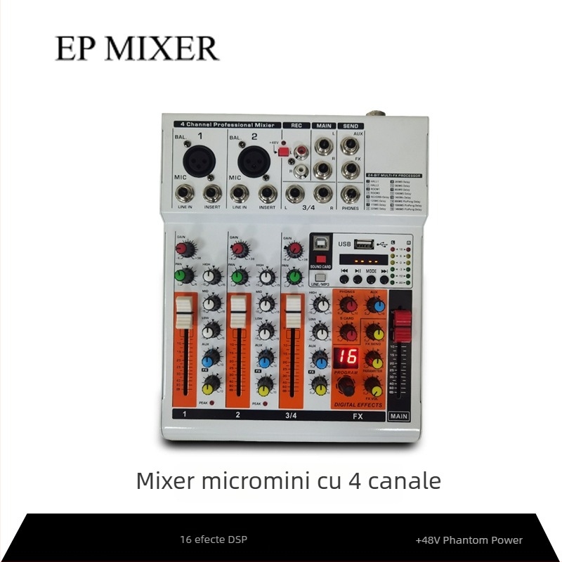 EP MIXER mixer audio cu 4 canale pentru streaming live, Bluetooth, înregistrare și efect de reverberație, compatibil cu telefonul mobil și PC-ul