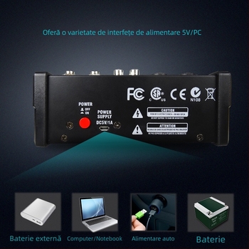 Mixer compact cu 4 canale, sistem wireless 1 la 2 integrat și card audio Bluetooth pentru streaming live și înregistrare