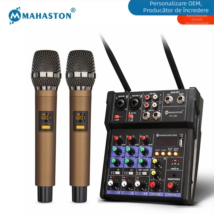 Mixer compact cu 4 canale, sistem wireless 1 la 2 integrat și card audio Bluetooth pentru streaming live și înregistrare